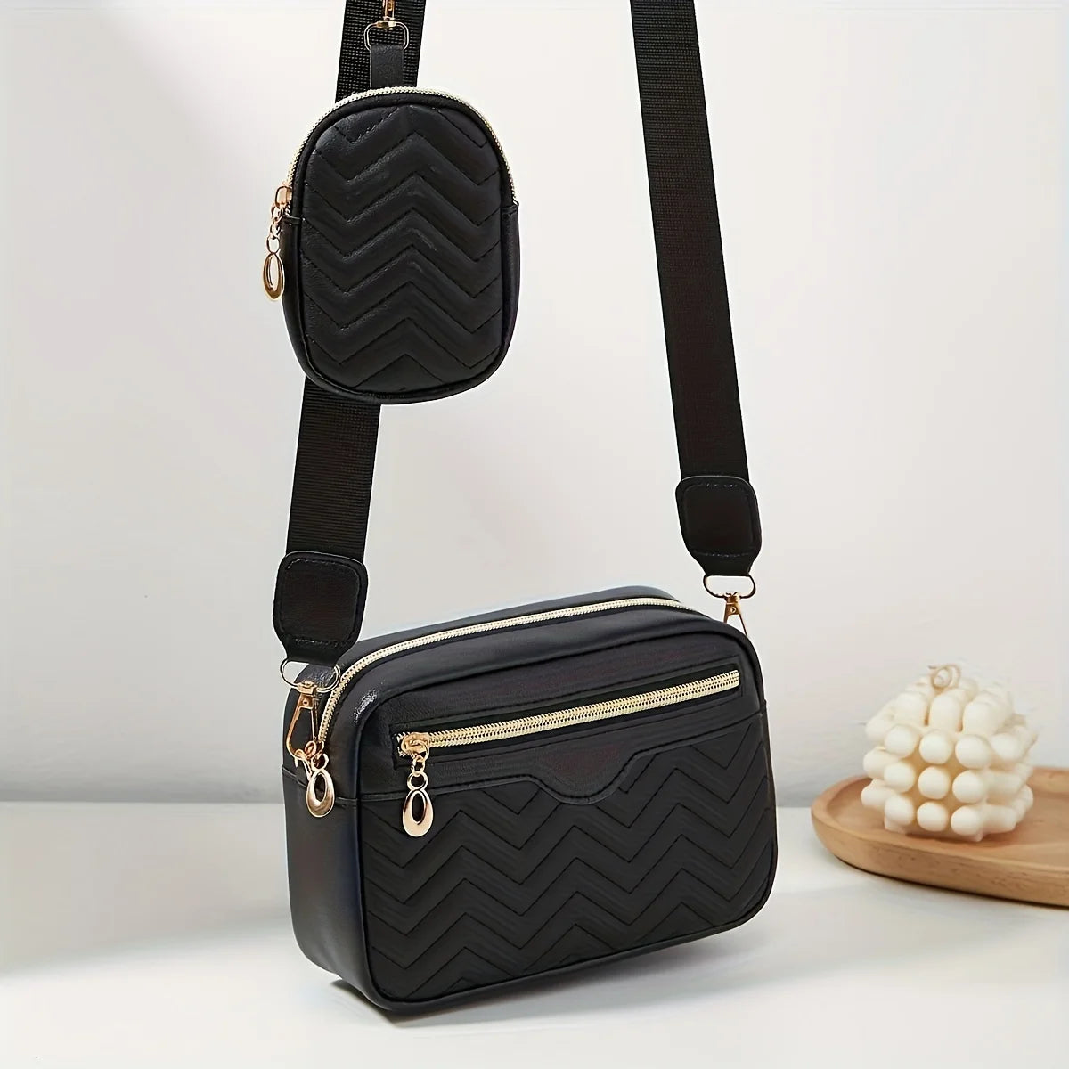 Casual Minimalist Square Shoulder Bag 2-in-1 Set with Mini Hanging Bag