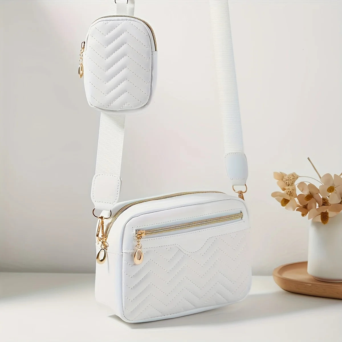 Casual Minimalist Square Shoulder Bag 2-in-1 Set with Mini Hanging Bag