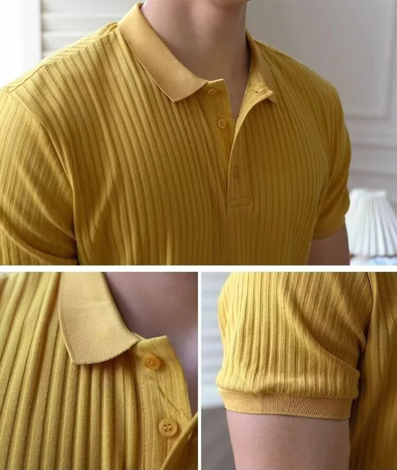 Vertical Striped Knit Polo Shirt