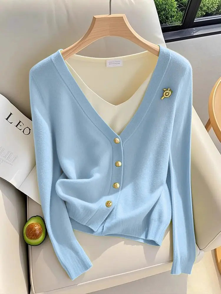 Women's faux knit cardigan with overlay shirt