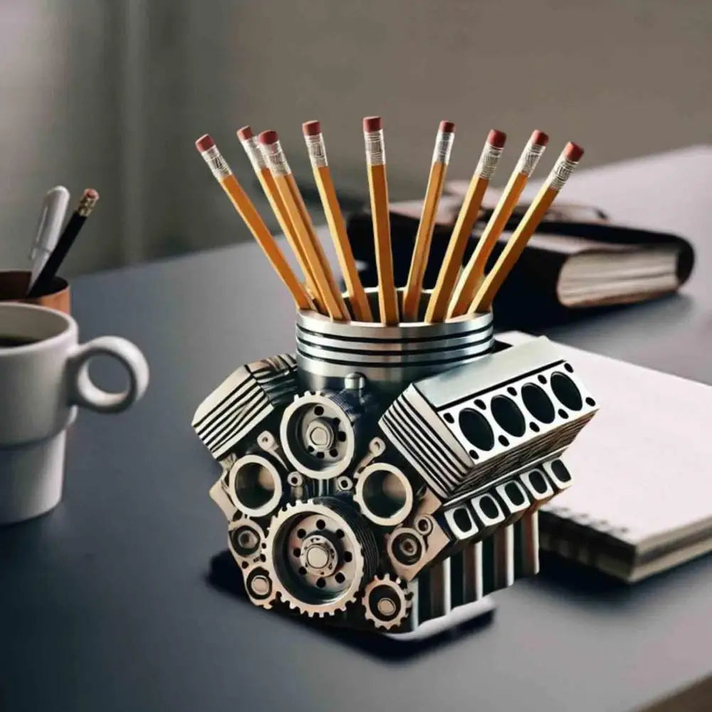 Resin V8 car engine pen holder.