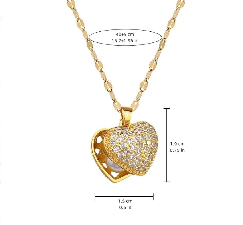 Golden Heart French Pearl Necklace with Zirconia