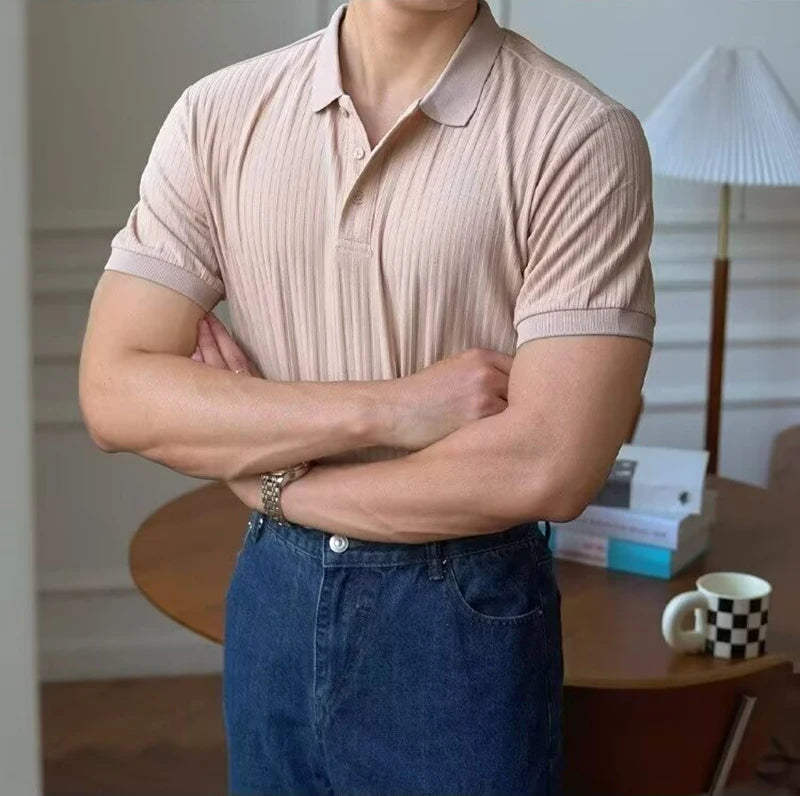 Vertical Striped Knit Polo Shirt