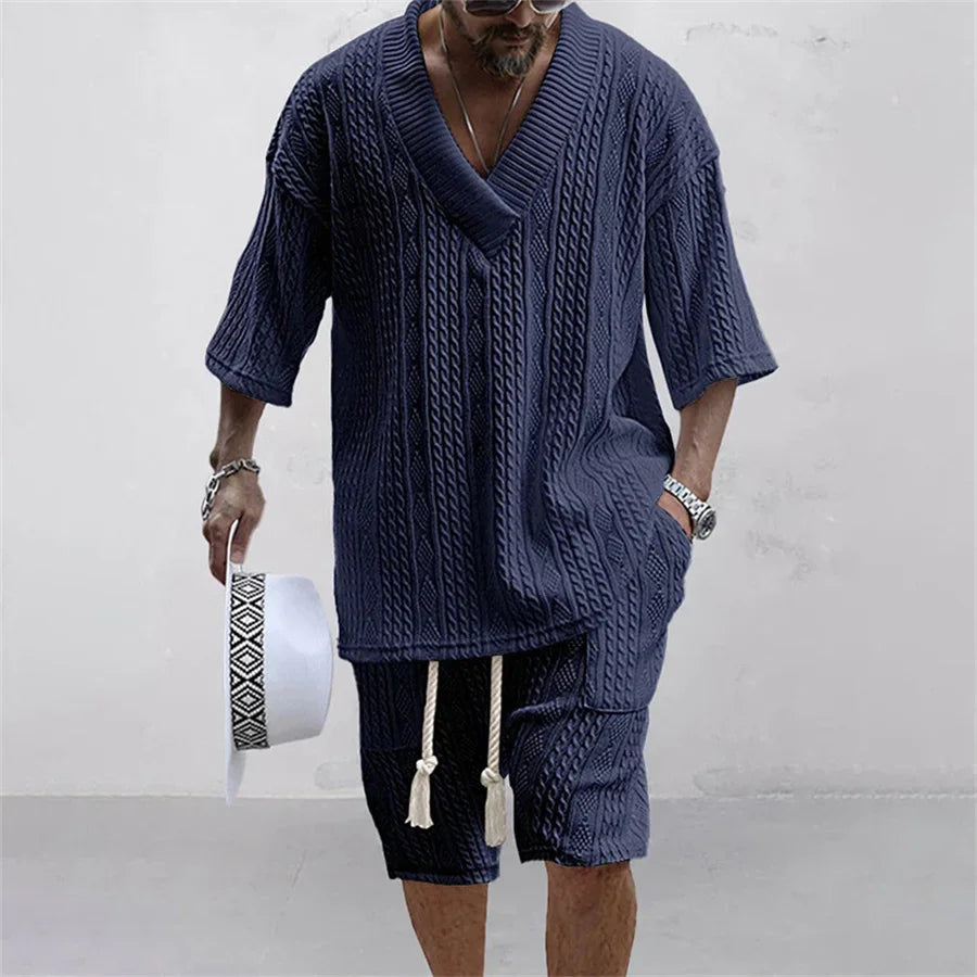 2-Piece Set V-Neck T-Shirt + Casual Shorts in Lightweight and Comfortable Knit