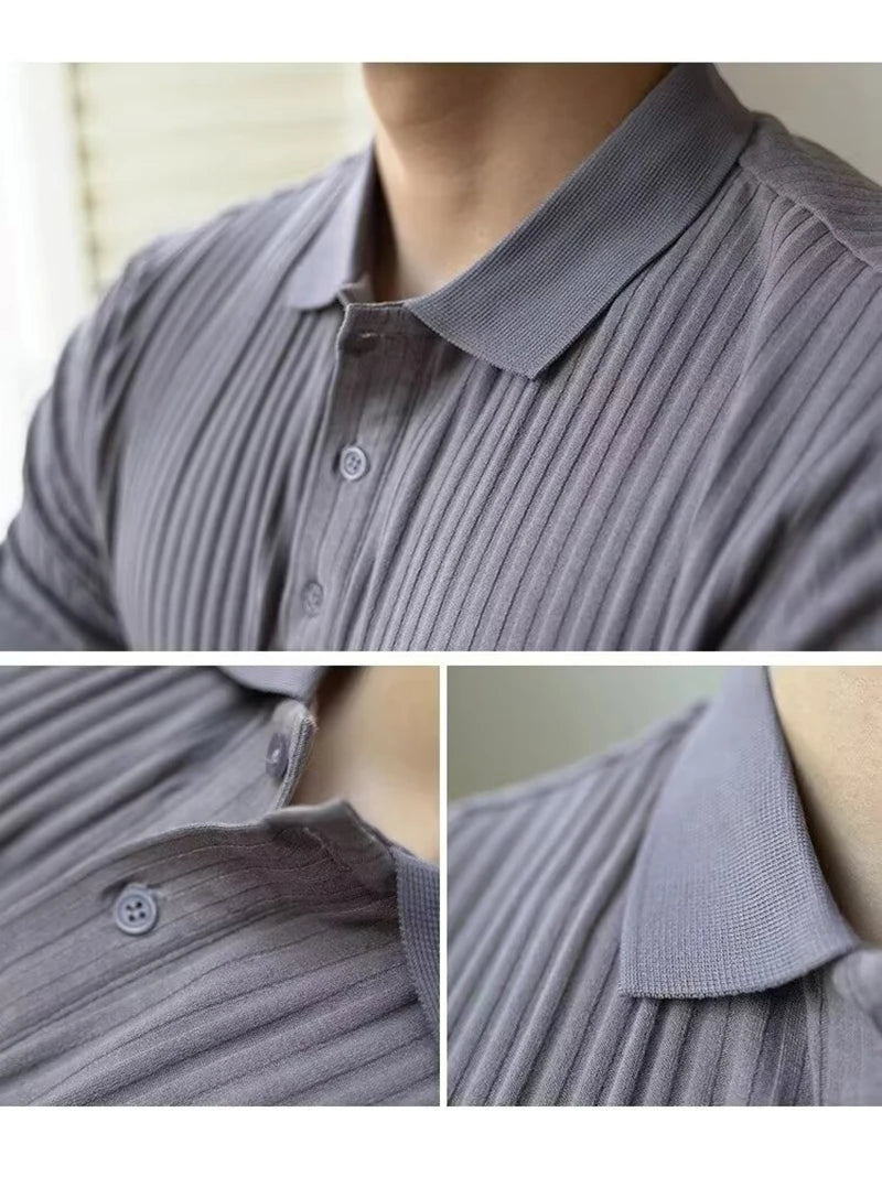 Vertical Striped Knit Polo Shirt