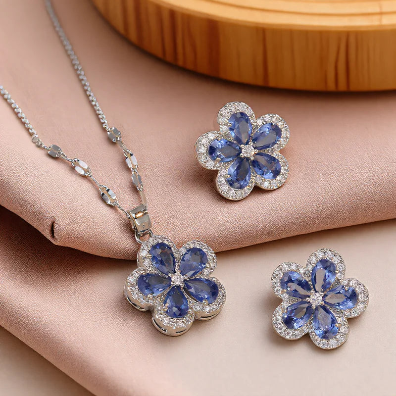 Earrings and Necklace with Cherry Blossom Pendant and Blue Zirconia Stone