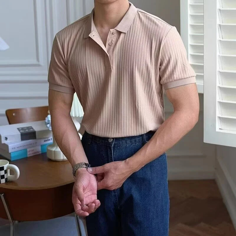 Vertical Striped Knit Polo Shirt