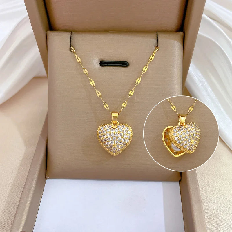 Golden Heart French Pearl Necklace with Zirconia