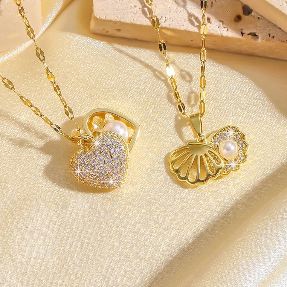 Golden Heart French Pearl Necklace with Zirconia