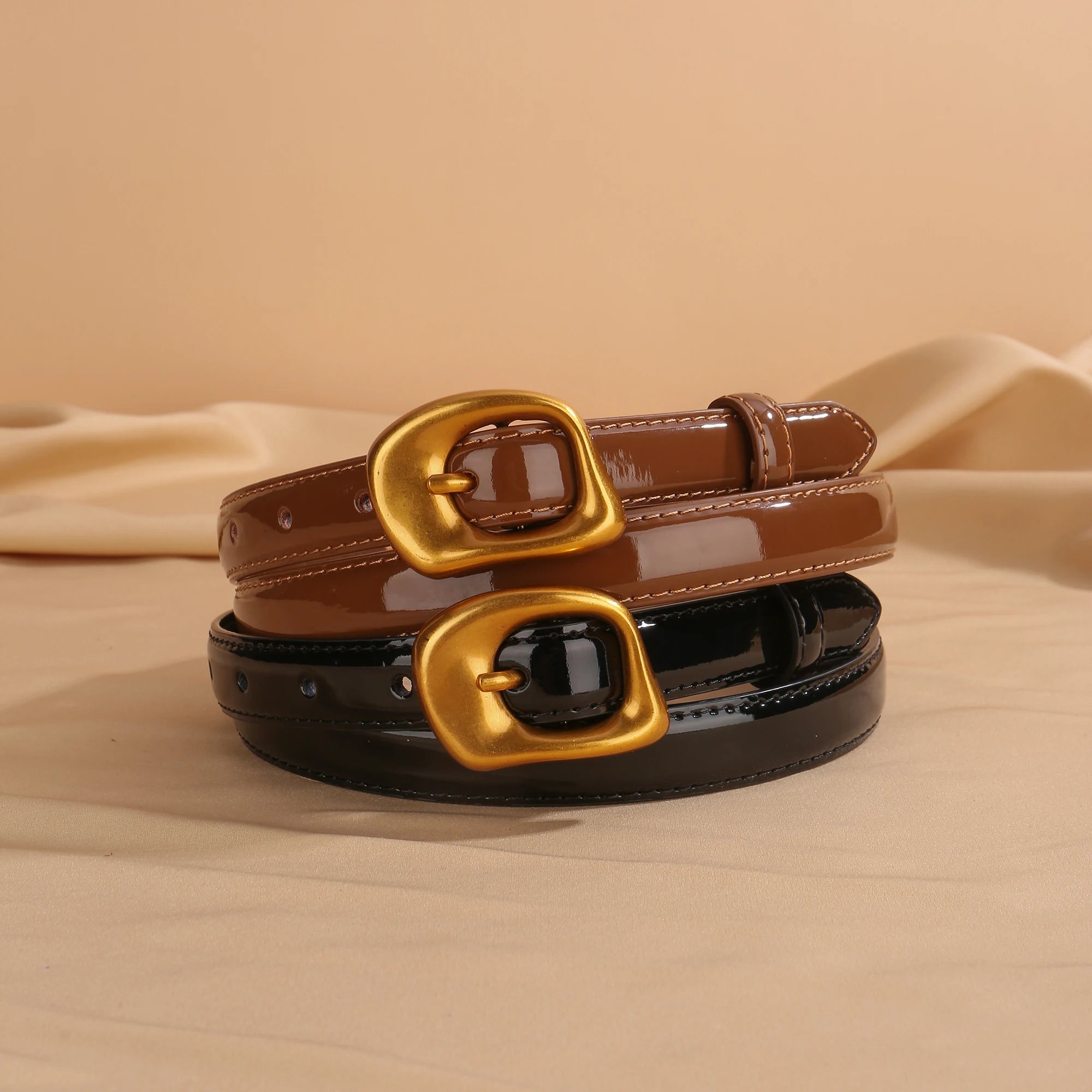 Thin Leather Belt with Retro Gold Buckle