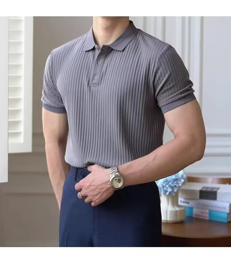Vertical Striped Knit Polo Shirt