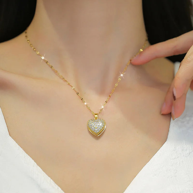 Golden Heart French Pearl Necklace with Zirconia