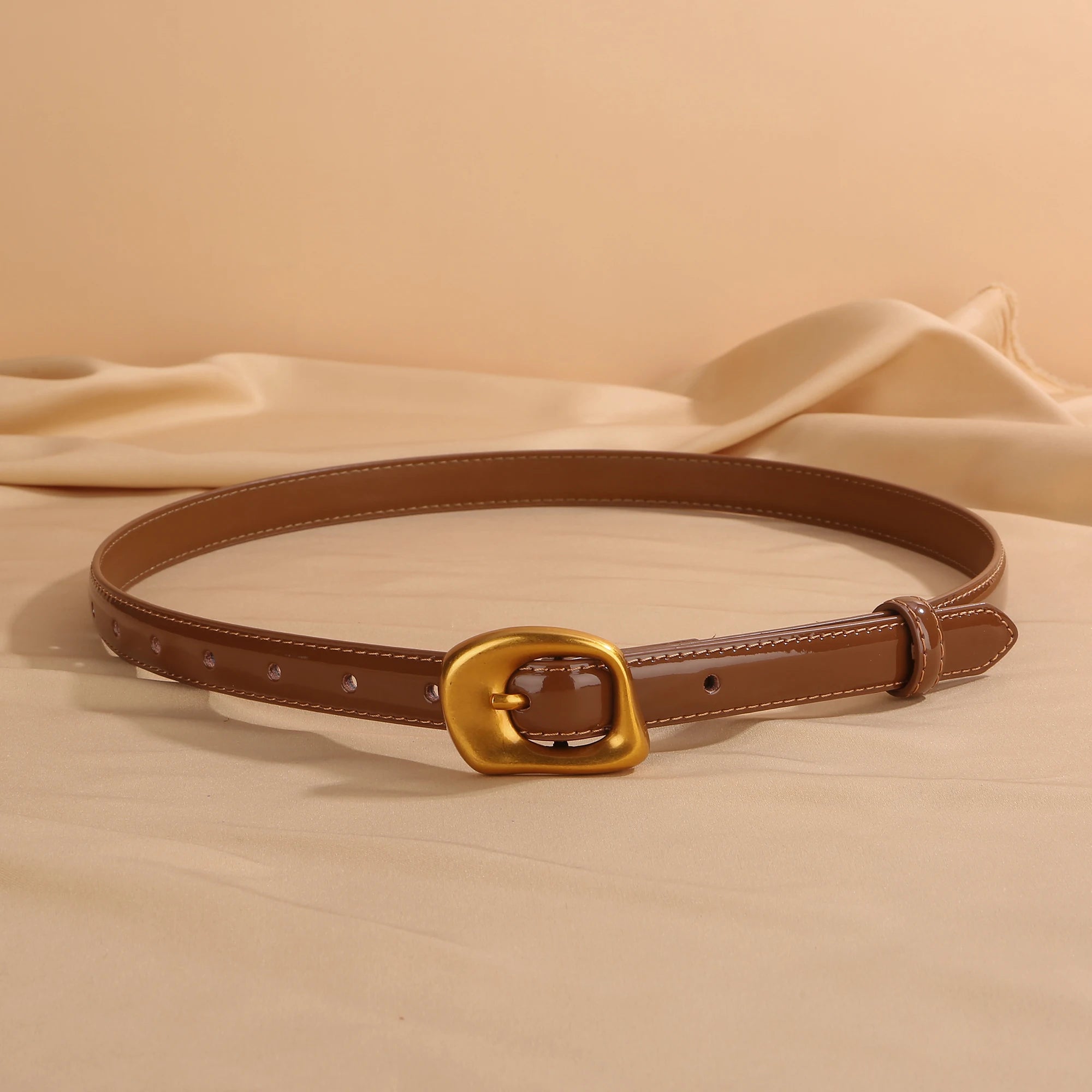 Thin Leather Belt with Retro Gold Buckle