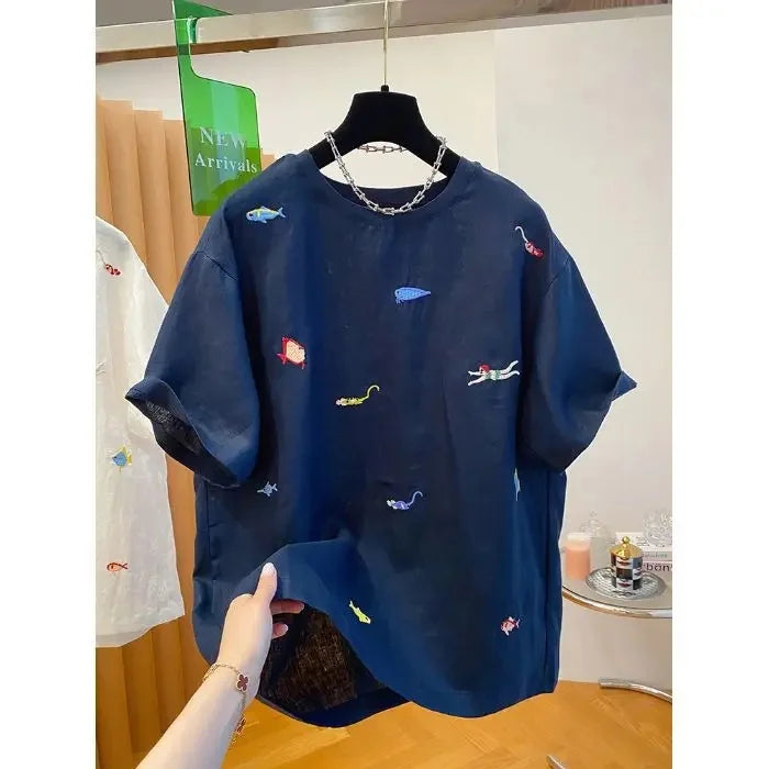 Women's Plus Size T-Shirt Embroidered with Animal Print