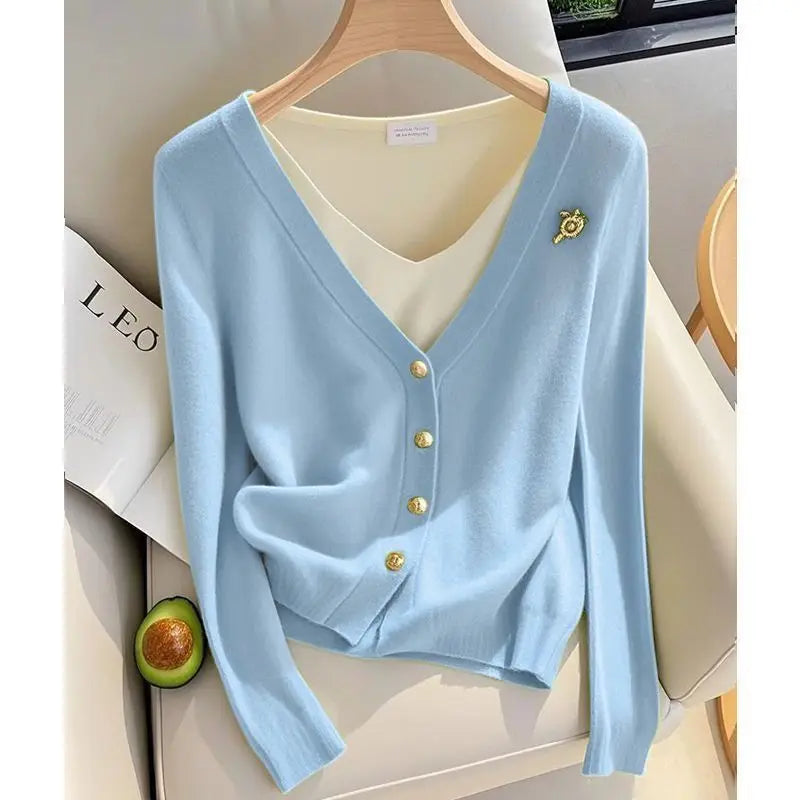 Women's faux knit cardigan with overlay shirt
