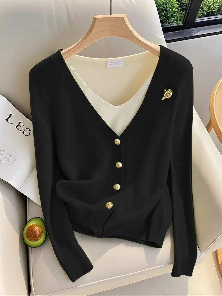 Women's faux knit cardigan with overlay shirt