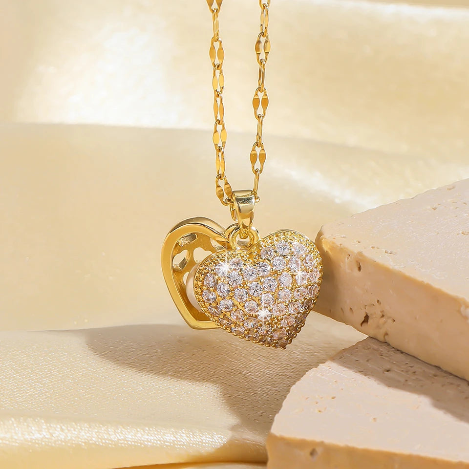 Golden Heart French Pearl Necklace with Zirconia