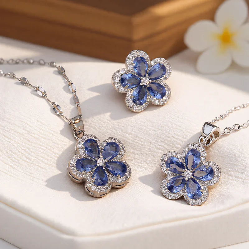 Earrings and Necklace with Cherry Blossom Pendant and Blue Zirconia Stone