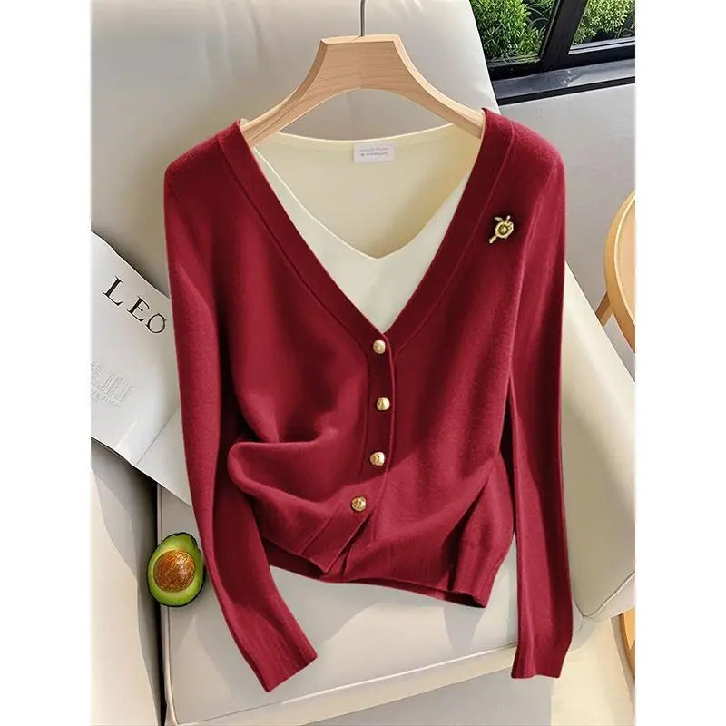 Women's faux knit cardigan with overlay shirt