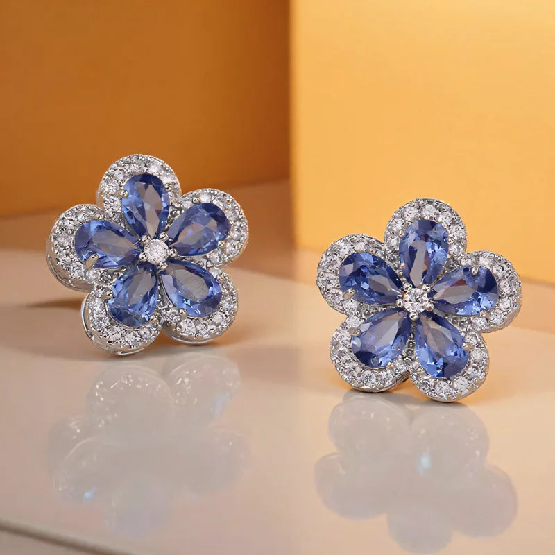 Earrings and Necklace with Cherry Blossom Pendant and Blue Zirconia Stone