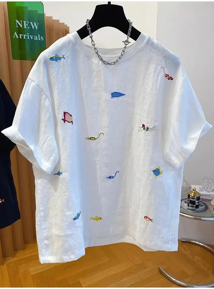 Women's Plus Size T-Shirt Embroidered with Animal Print