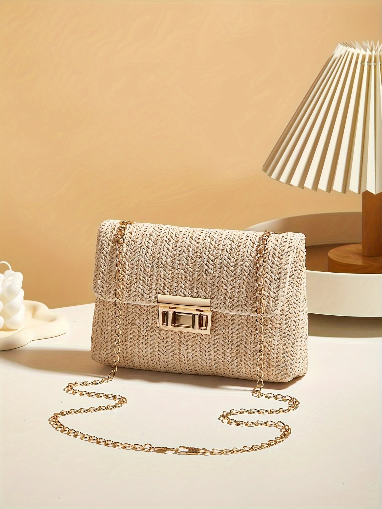 Modern Crossbody Bag with Lock Closure in Hand-Woven Straw