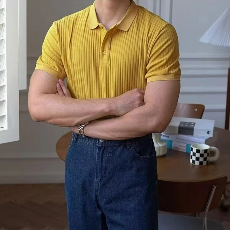 Vertical Striped Knit Polo Shirt